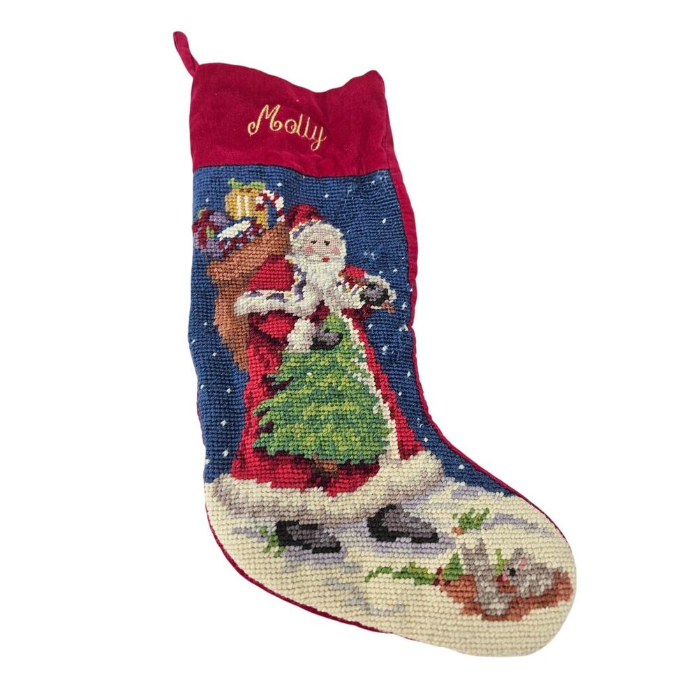 Vintage 90s Lillian Vernon Molly Needlepoint Wool Christmas Stocking Santa